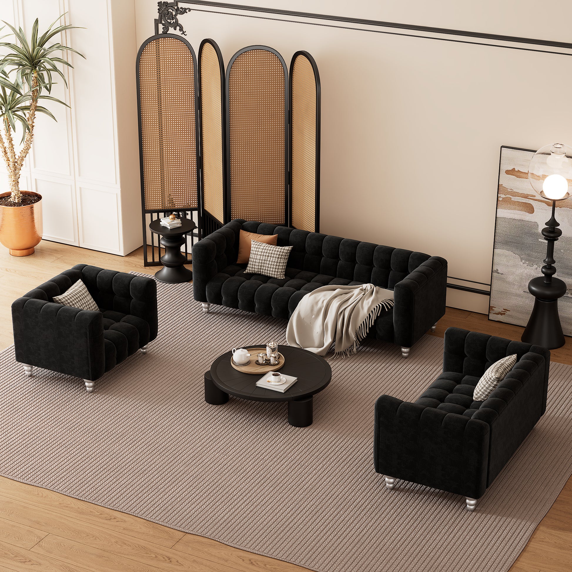 Modern 3 Piece Sofa Set With Solid Wood Legs, Buttoned Tufted Backrest, Dutch Fleece Upholstered Sofa Set Including Three Seater Sofa, Double Seat And Living Room Furniture Set Single Chair, Black Black Foam Polyester