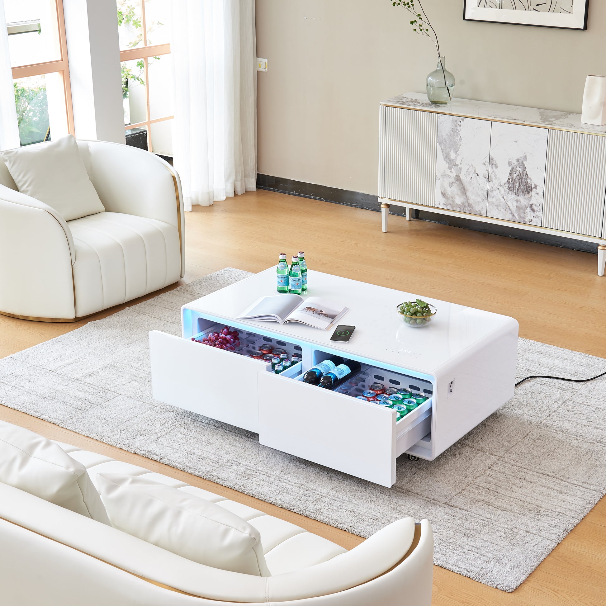 Smart Table Fridge, Multifunctional Coffee Table, Tempered Glass Table Top And Back Screen White Tempered Glass