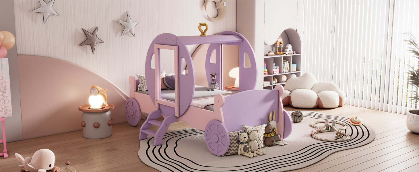 Twin Size Princess Carriage Bed With Crown,Wood Platform Car Bed With Stair,Purple Pink Pink Wood