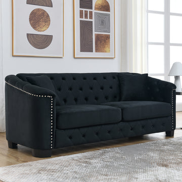 77 Inch Modern Chesterfield Velvet Sofa, 3 Seater Sofa, Upholstered Tufted Backrests With Arms And 2 Cushions For Living Room, Bedroom, Apartment, Office Black Black Primary Living Space Foam Velvet
