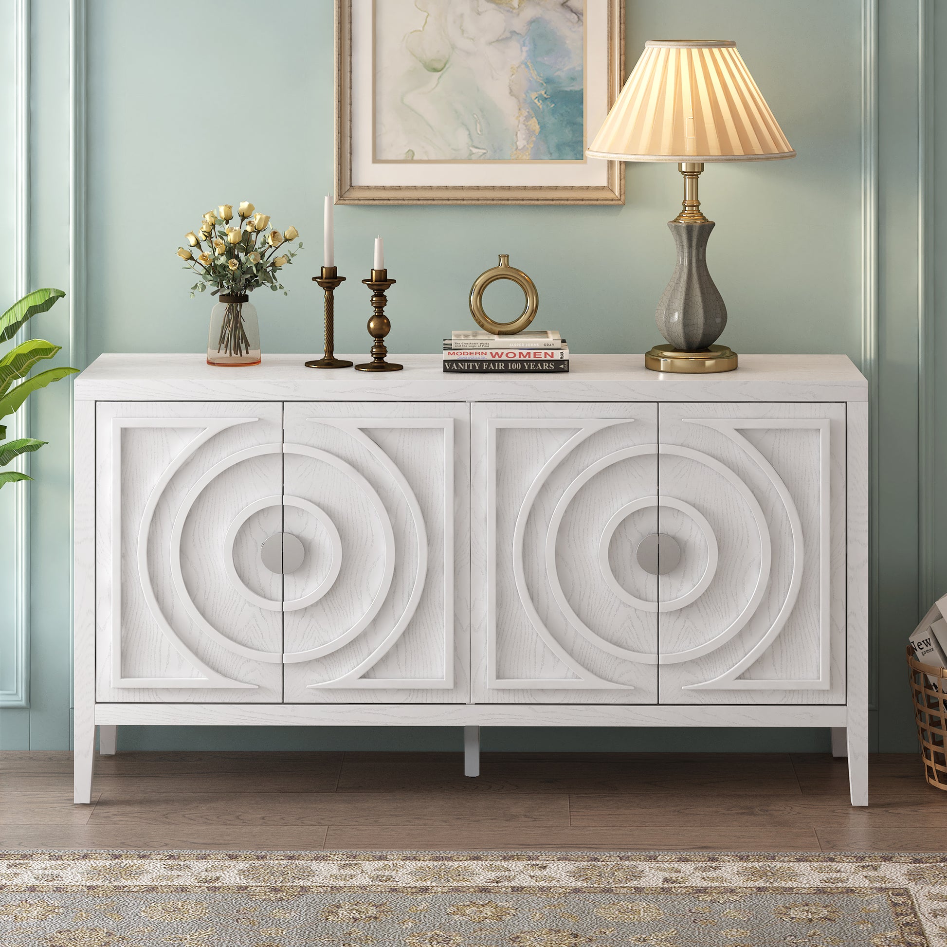 Retro Sideboard Door With Circular Groove Design Round Metal Door Handle For Entrance, Dinning Room, Living Room White White Mdf