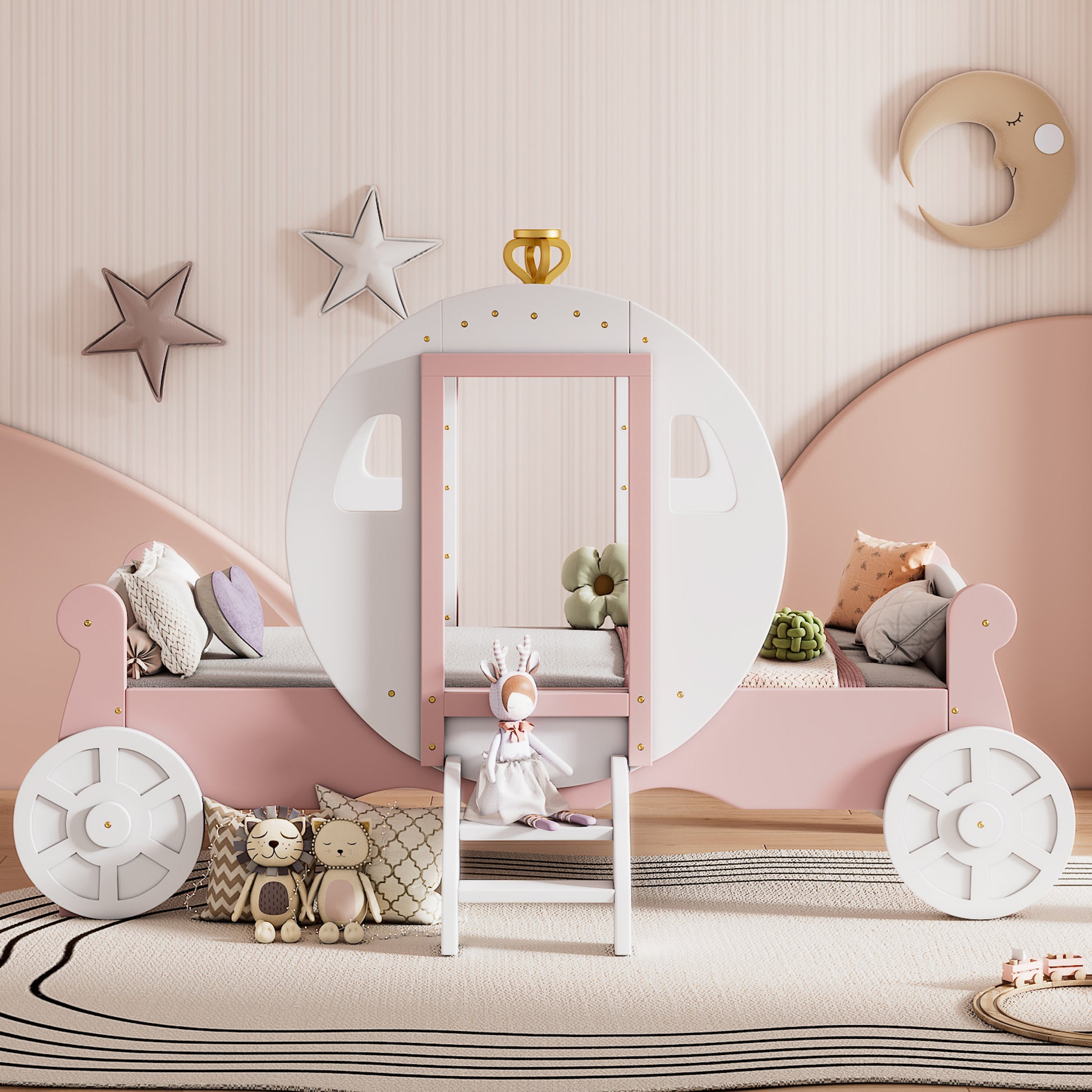 Twin Size Princess Carriage Bed With Crown ,Wood Platform Car Bed With Stair,White Pink White Pink Wood