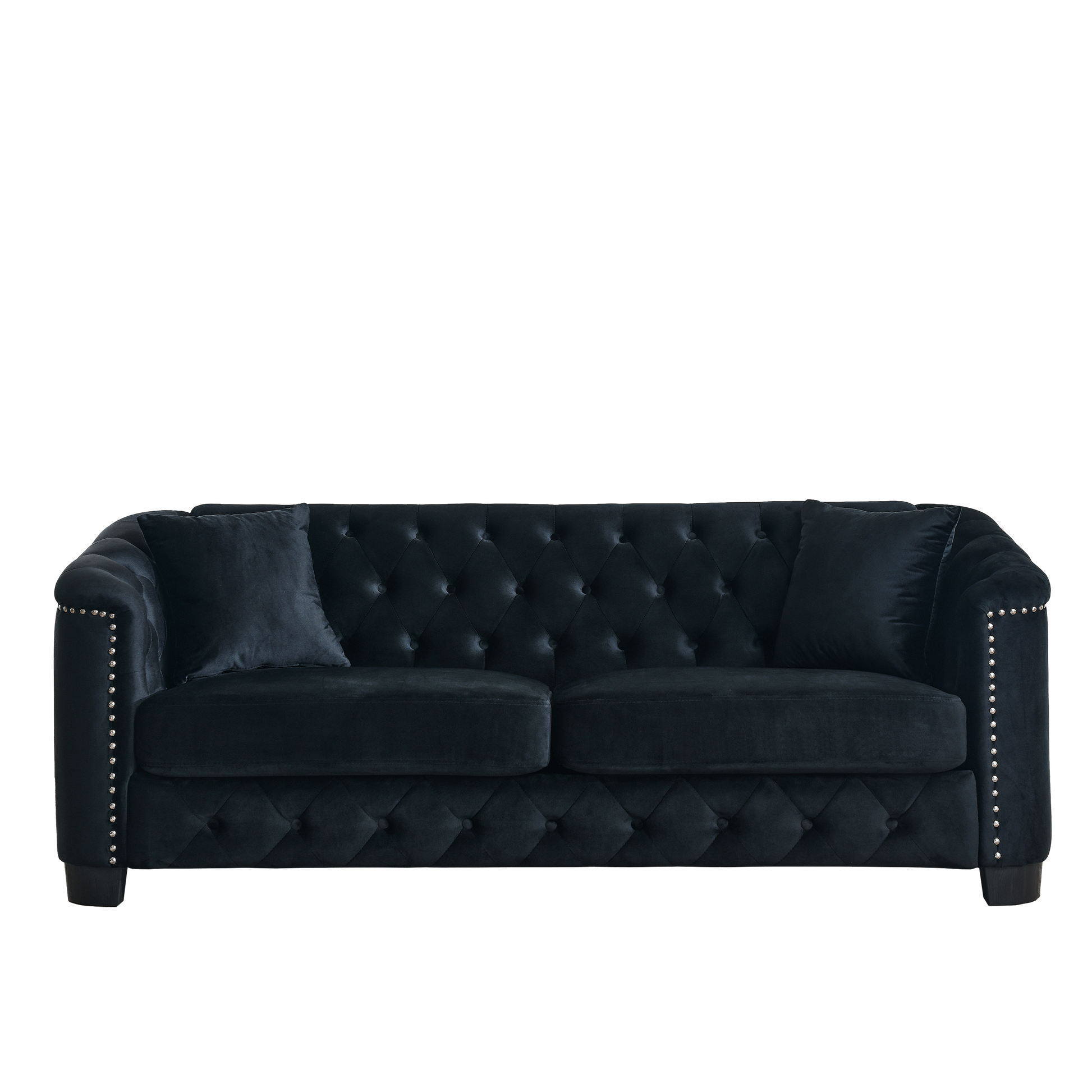 77 Inch Modern Chesterfield Velvet Sofa, 3 Seater Sofa, Upholstered Tufted Backrests With Arms And 2 Cushions For Living Room, Bedroom, Apartment, Office Black Black Primary Living Space Foam Velvet