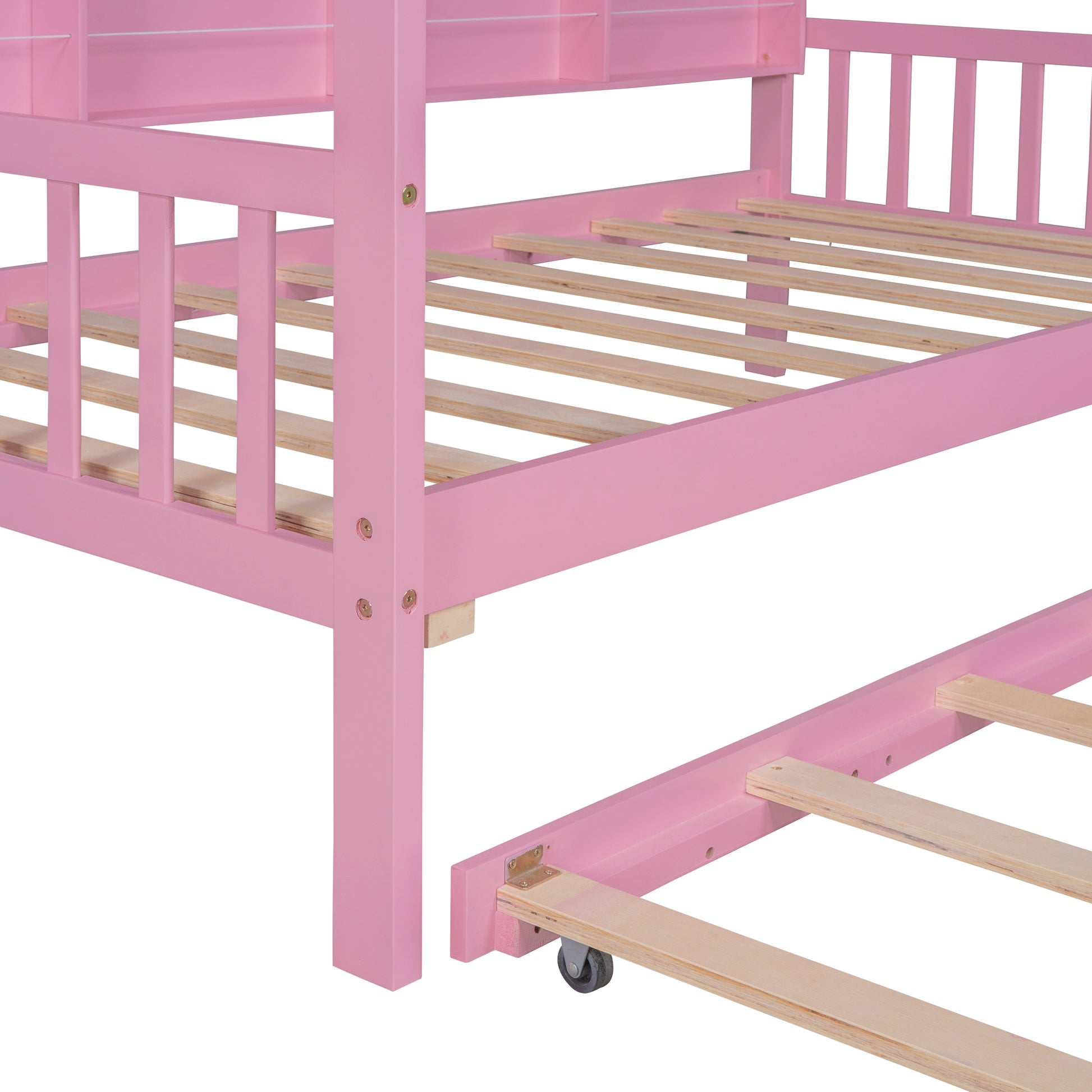 Wooden Twin Size House Bed With Trundle,Kids Bed With Shelf,Pink Pink Wood