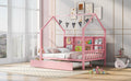 Wooden Full Size House Bed With Trundle,Kids Bed With Shelf,Pink Pink Wood