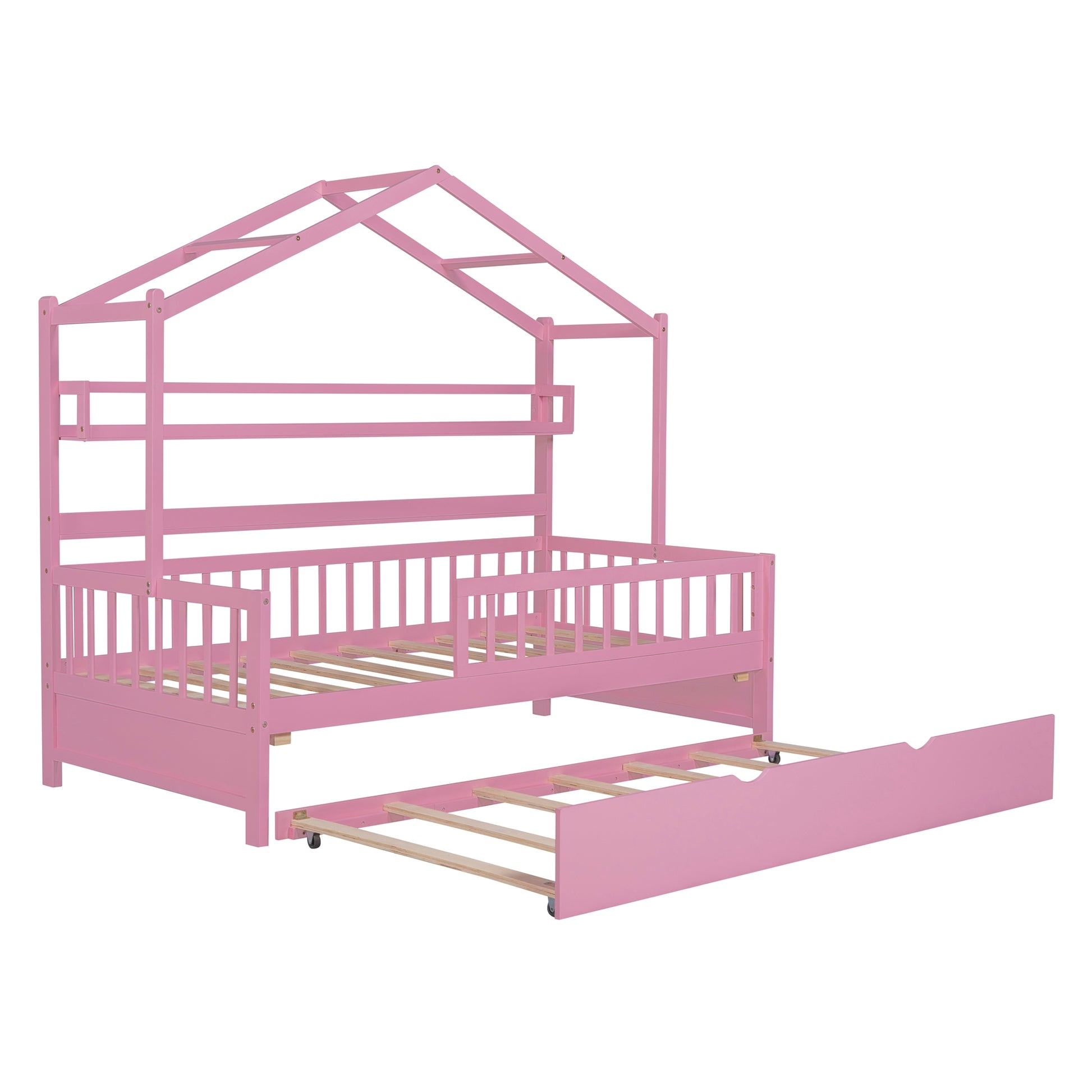 Wooden Twin Size House Bed With Trundle,Kids Bed With Shelf, Pink Pink Wood