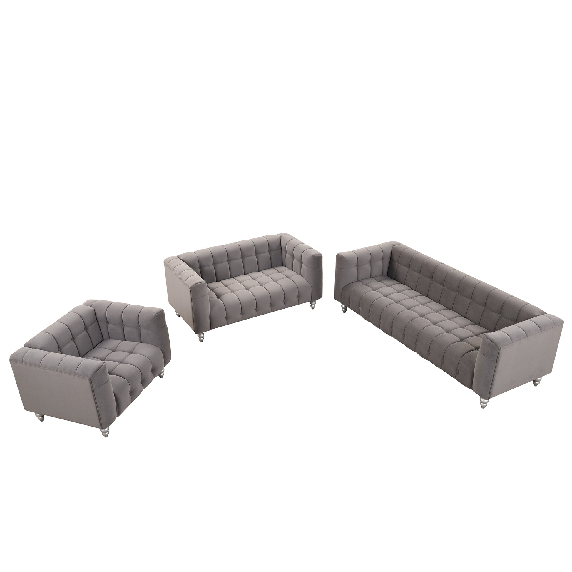 Modern 3 Piece Sofa Set With Solid Wood Legs, Buttoned Tufted Backrest, Dutch Fleece Upholstered Sofa Set Including Three Seater Sofa, Double Seat And Living Room Furniture Set Single Chair, Gray Gray Foam Polyester