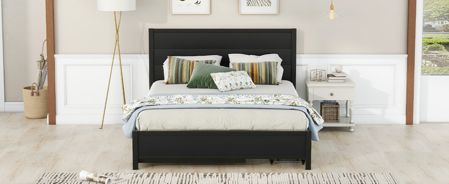 Metal Queen Size Storage Platform Bed With Twin Size Trundle And 2 Drawers, Black Queen Black Metal Bedroom Bed Frame Mdf Steel