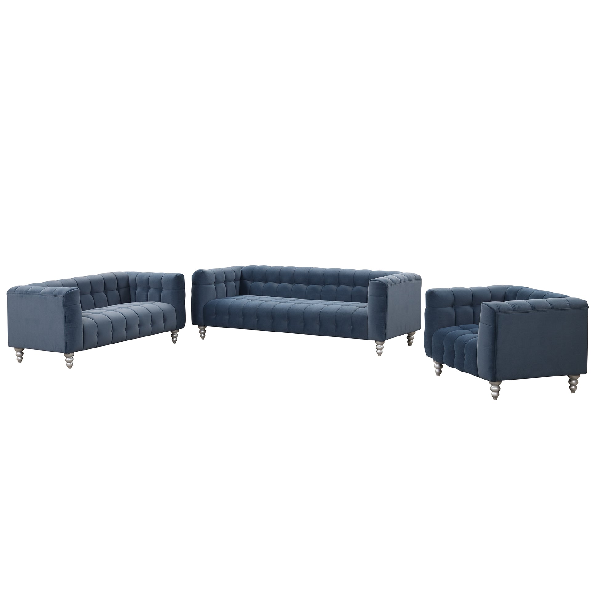 Modern 3 Piece Sofa Set With Solid Wood Legs, Buttoned Tufted Backrest, Dutch Fleece Upholstered Sofa Set Including Three Seater Sofa, Double Seat And Living Room Furniture Set Single Chair, Blue Blue Foam Polyester