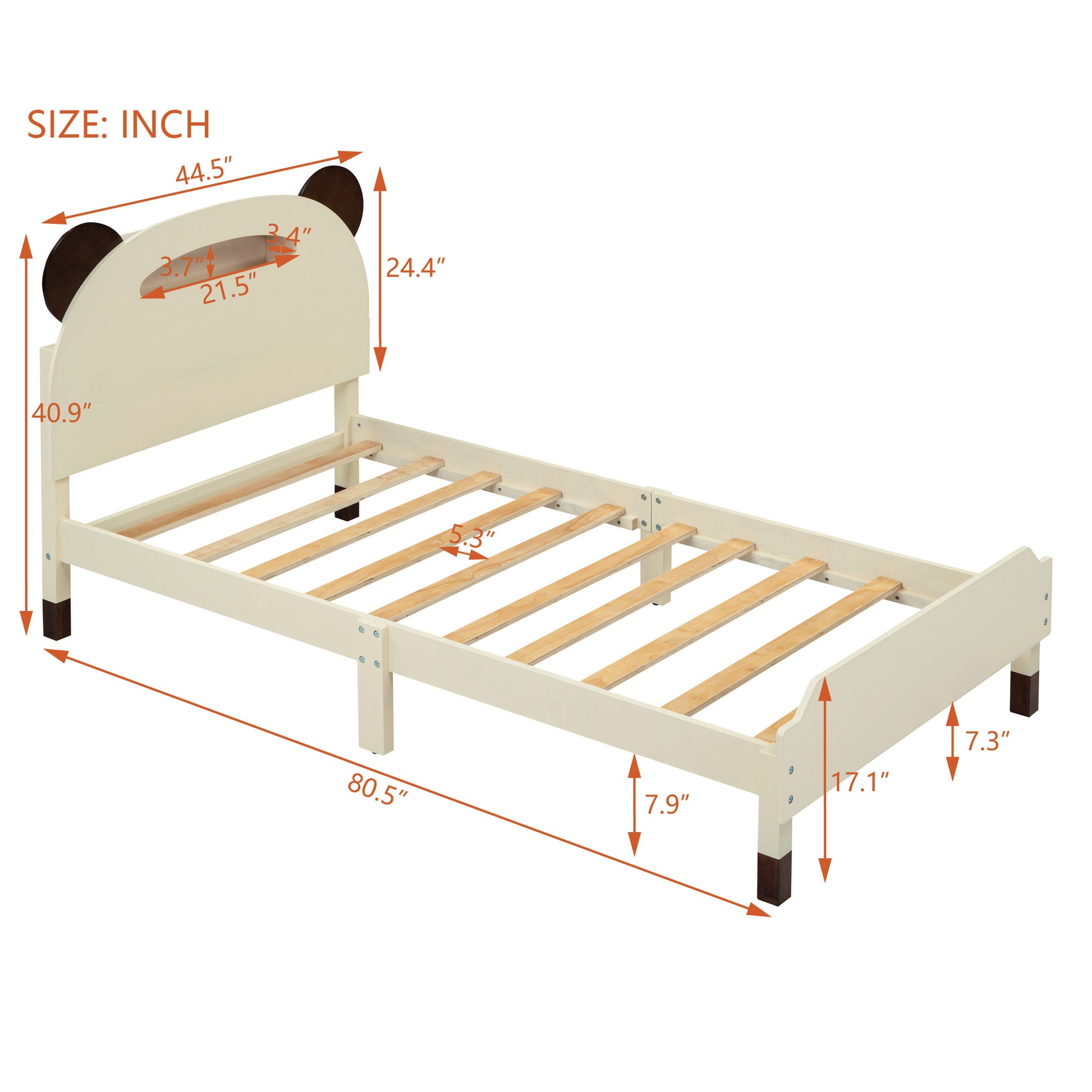 Twin Size Wood Platform Bed With Bear Shaped Headboard,Bed With Motion Activated Night Lights,Cream Walnut Cream Wood