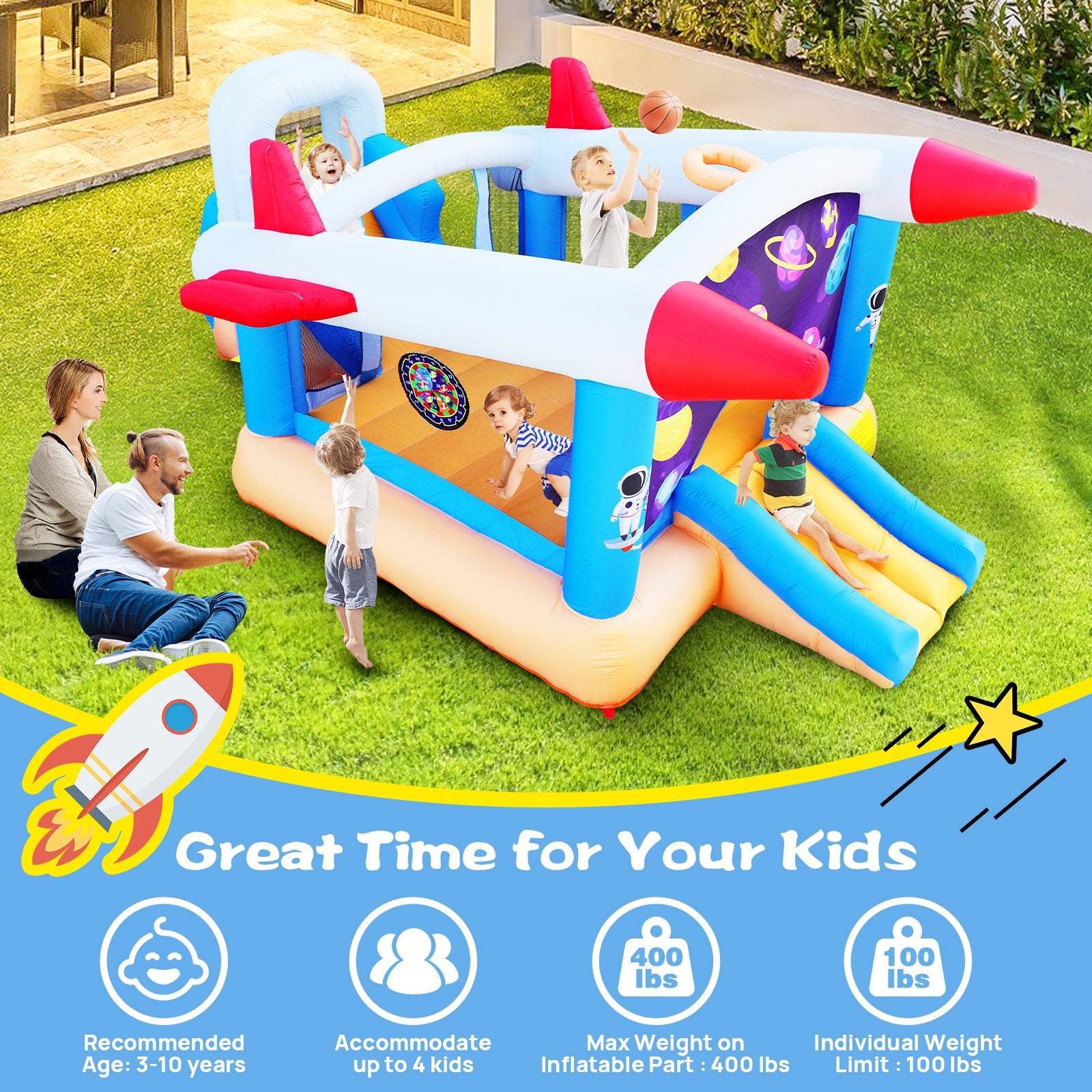 6 In 1 Outdoor Indoor Inflatable Bouncer For Kids Target Ball Basketball Slide With Blower Multicolor Oxford Fabric