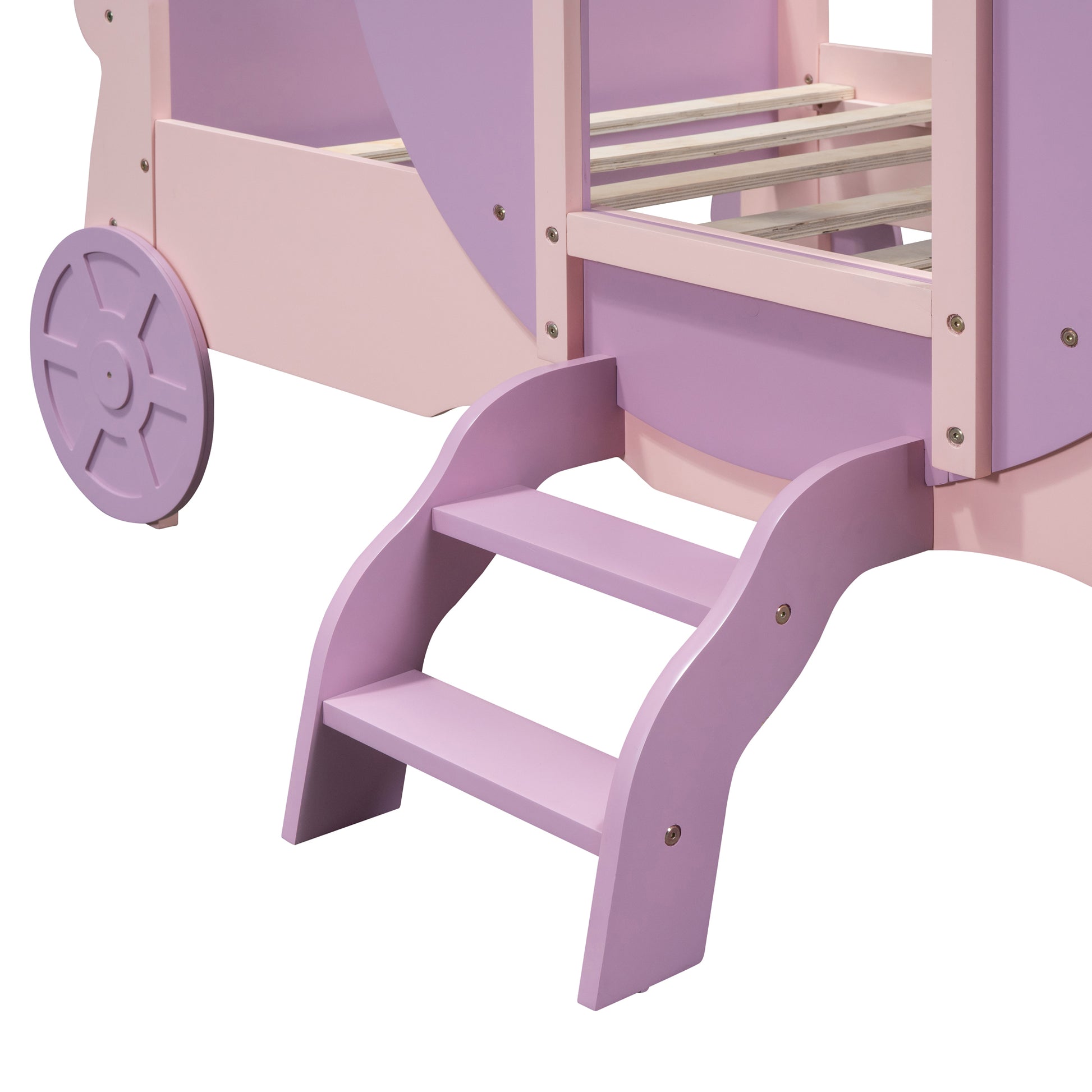 Twin Size Princess Carriage Bed With Crown,Wood Platform Car Bed With Stair,Purple Pink Pink Wood