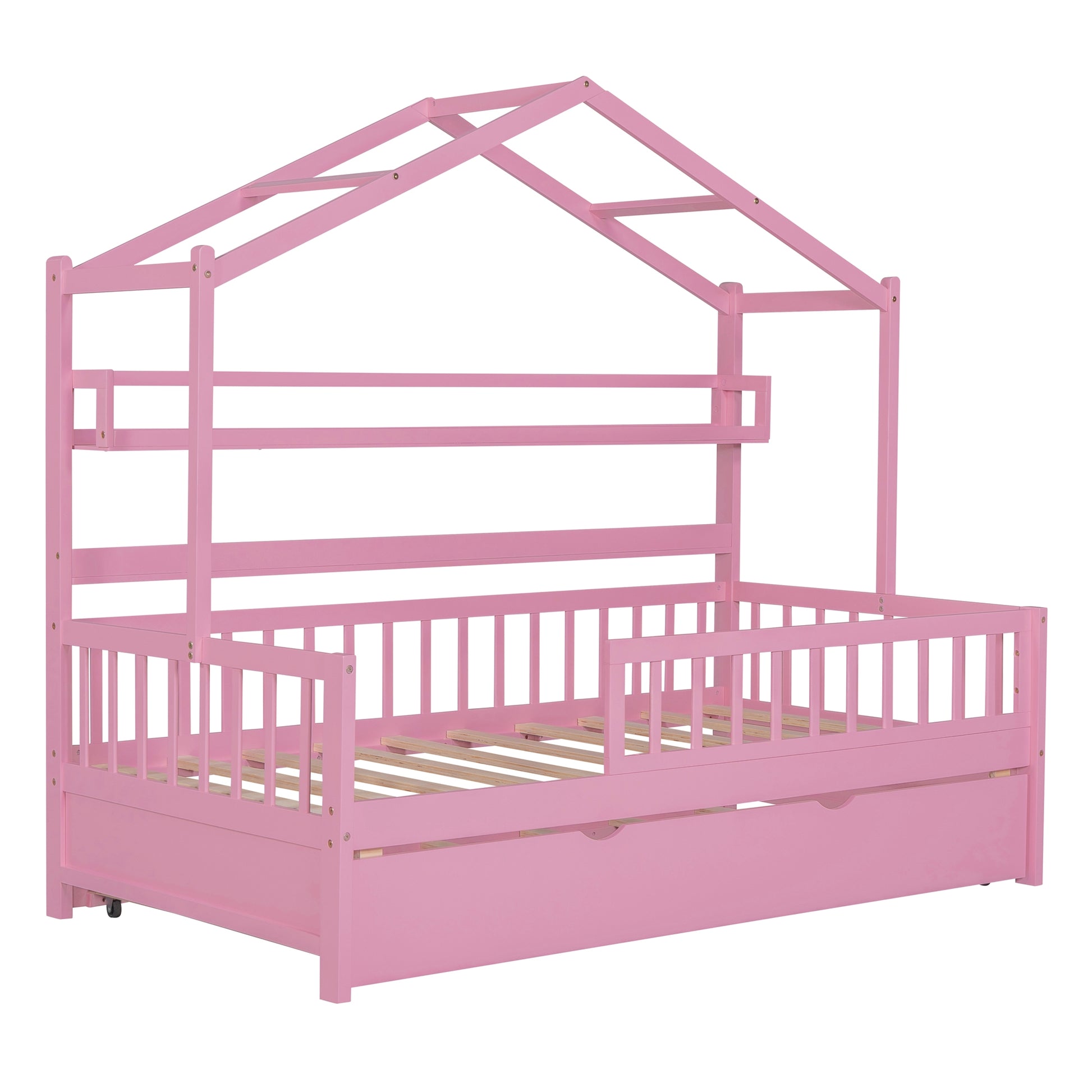 Wooden Twin Size House Bed With Trundle,Kids Bed With Shelf, Pink Pink Wood