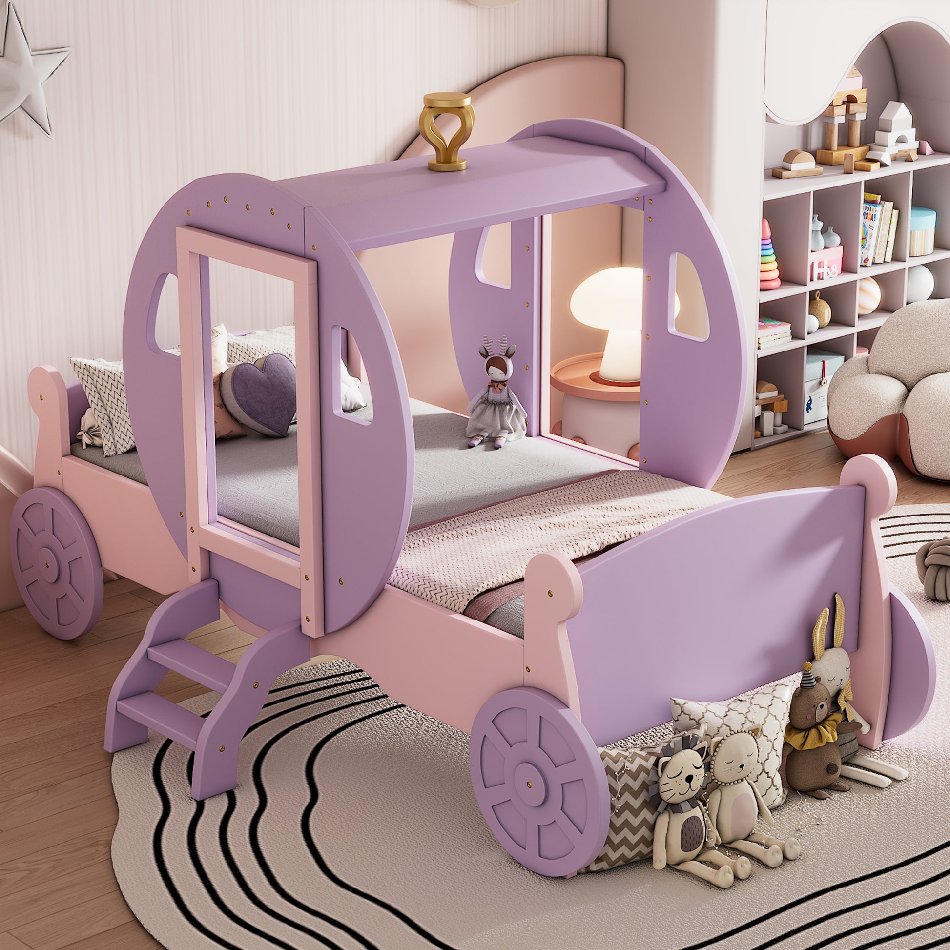 Twin Size Princess Carriage Bed With Crown,Wood Platform Car Bed With Stair,Purple Pink Pink Wood