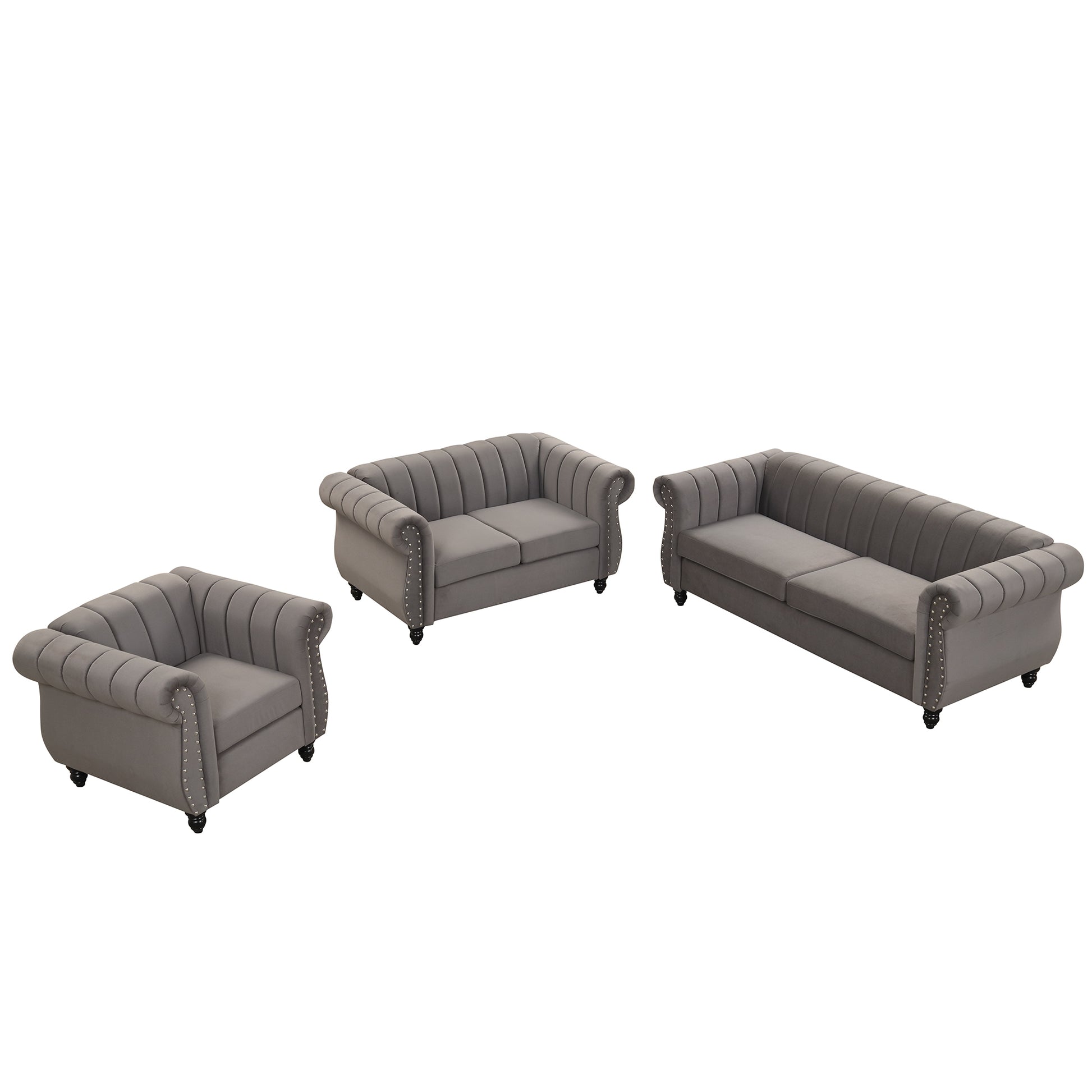 Modern Three Piece Sofa Set With Solid Wood Legs, Buttoned Tufted Backrest, Frosted Velvet Upholstered Sofa Set Including Three Seater Sofa, Double Seater And Living Room Furniture Set Single Chair Gray Foam Polyester