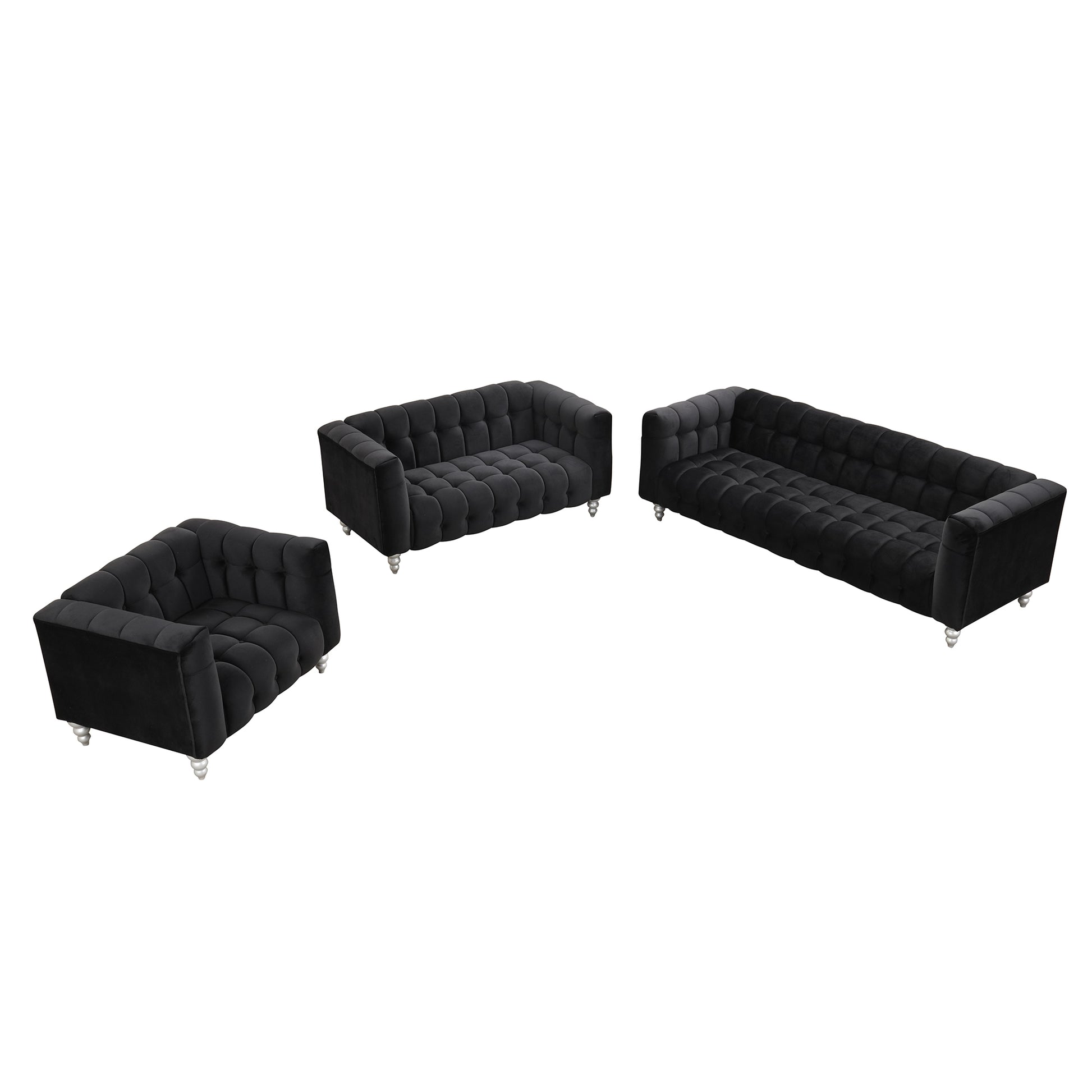 Modern 3 Piece Sofa Set With Solid Wood Legs, Buttoned Tufted Backrest, Dutch Fleece Upholstered Sofa Set Including Three Seater Sofa, Double Seat And Living Room Furniture Set Single Chair, Black Black Foam Polyester