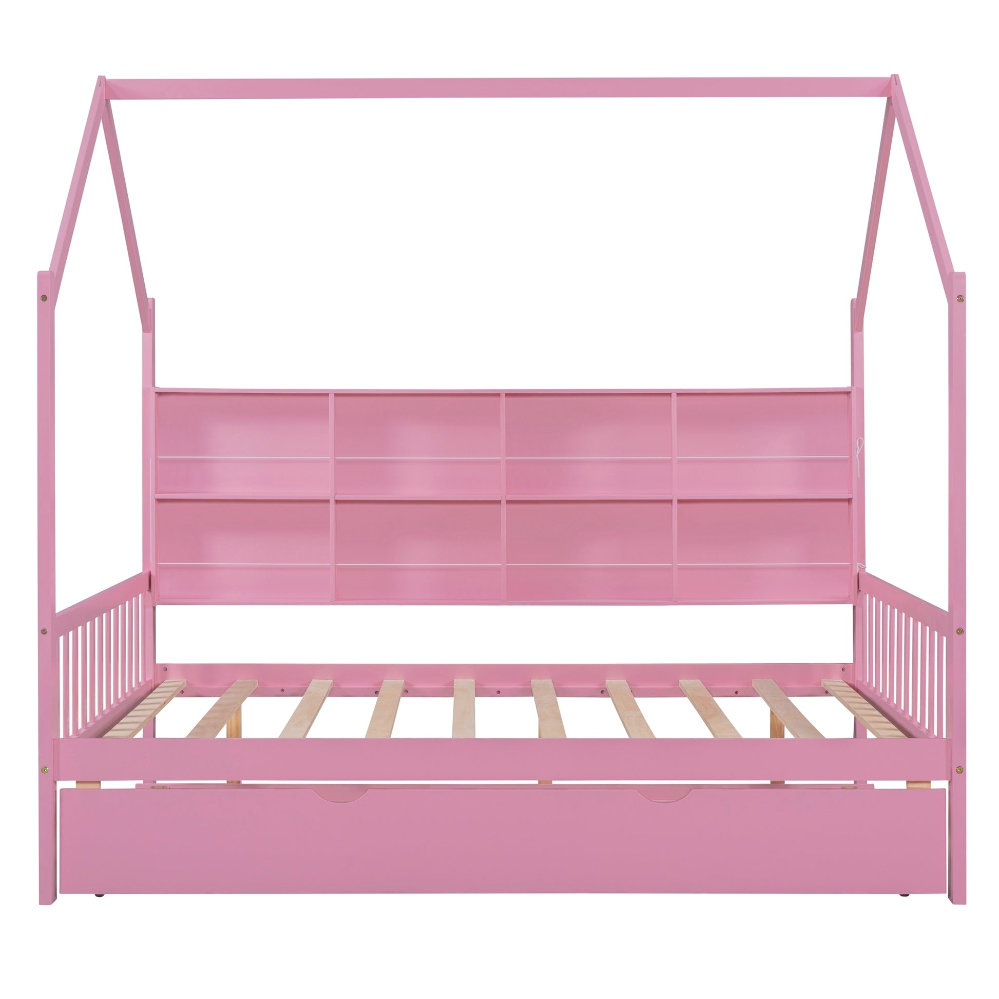 Wooden Full Size House Bed With Trundle,Kids Bed With Shelf,Pink Pink Wood