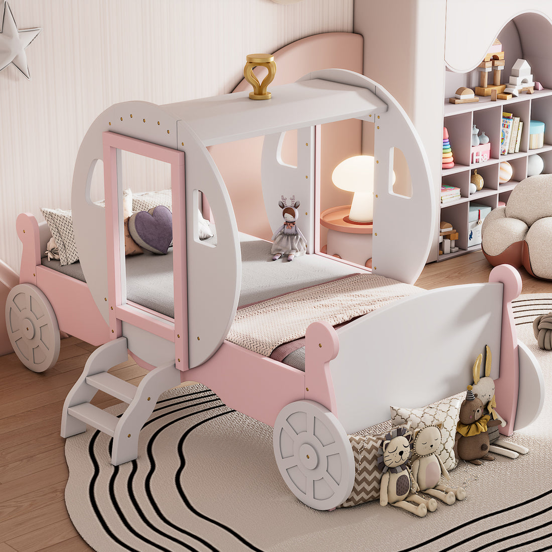 Twin Size Princess Carriage Bed With Crown ,Wood Platform Car Bed With Stair,White Pink White Pink Wood