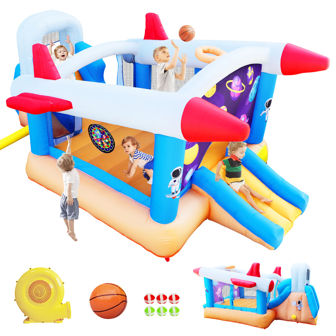 6 In 1 Outdoor Indoor Inflatable Bouncer For Kids Target Ball Basketball Slide With Blower Multicolor Oxford Fabric