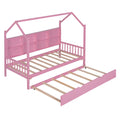 Wooden Twin Size House Bed With Trundle,Kids Bed With Shelf,Pink Pink Wood