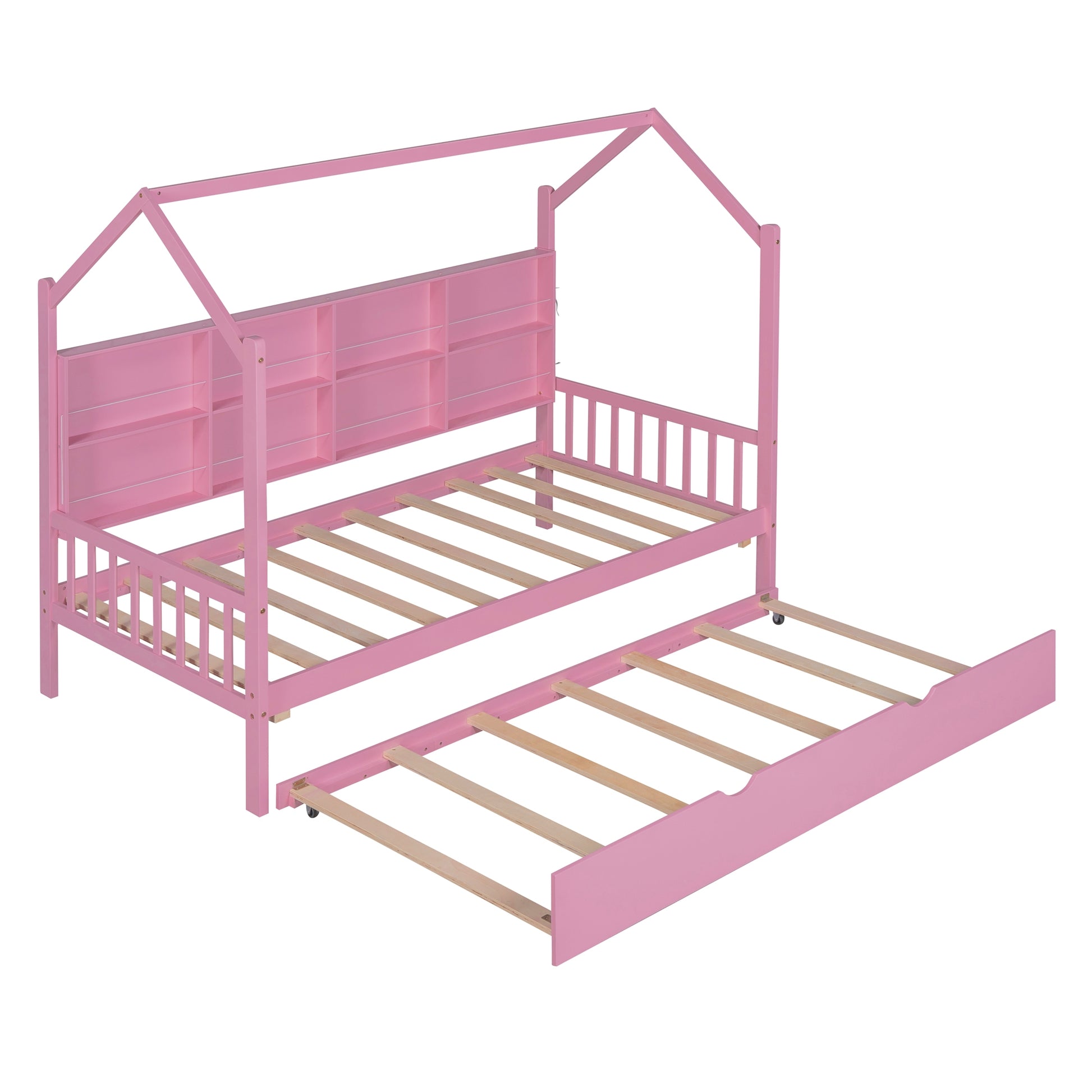 Wooden Twin Size House Bed With Trundle,Kids Bed With Shelf,Pink Pink Wood