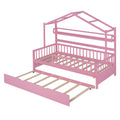 Wooden Twin Size House Bed With Trundle,Kids Bed With Shelf, Pink Pink Wood