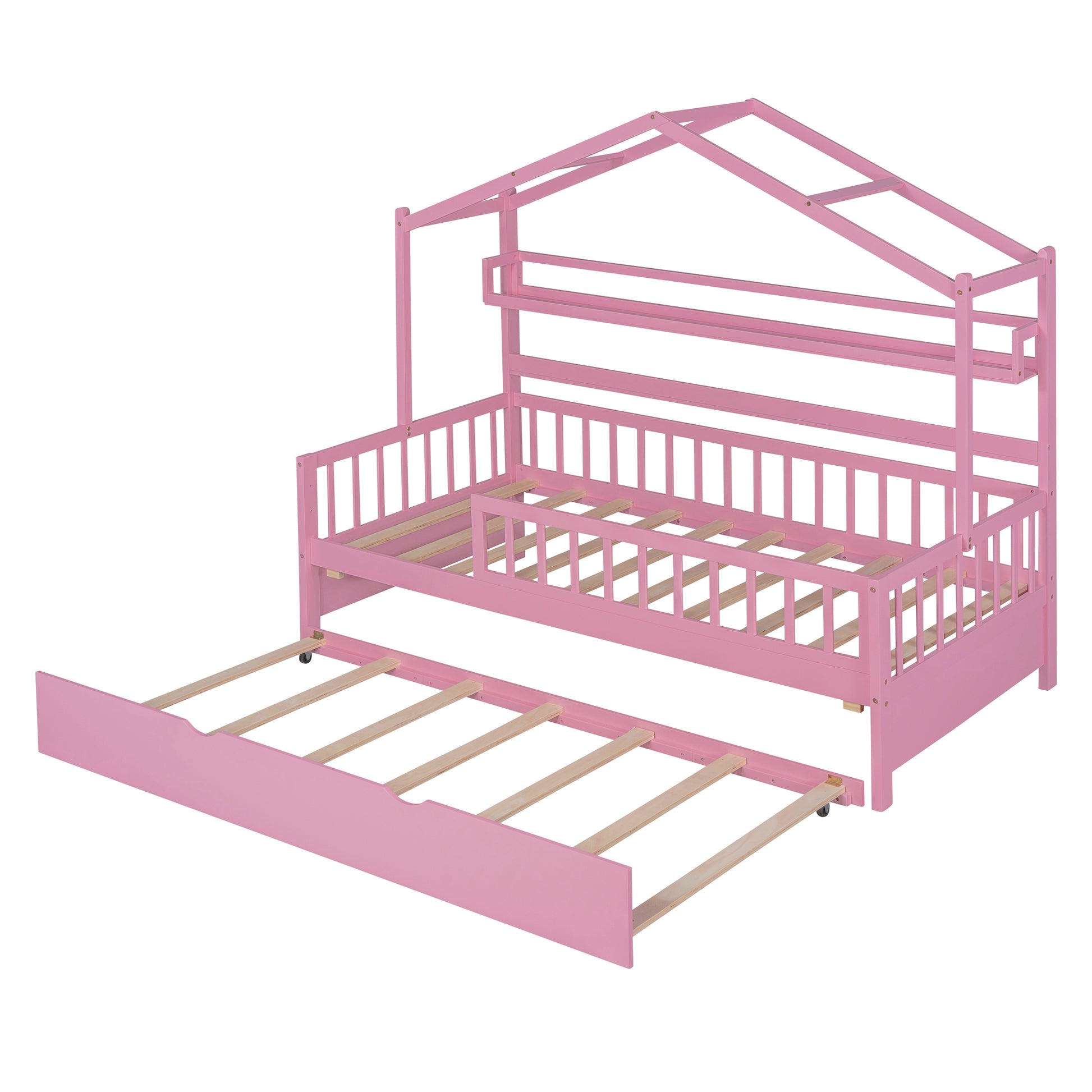 Wooden Twin Size House Bed With Trundle,Kids Bed With Shelf, Pink Pink Wood