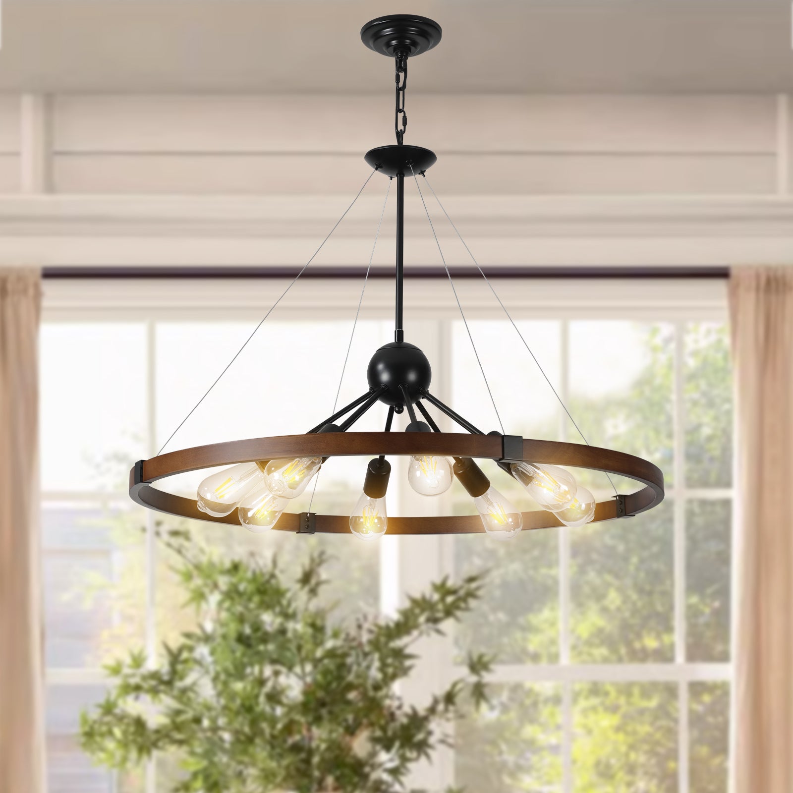 Same As W1340111208 L1012 8 Light Retro Farmhouse Chandelier For Kitchen, Living Room, Dining Room Red And Walnut No Bulbs Walnut Black Farmhouse Iron