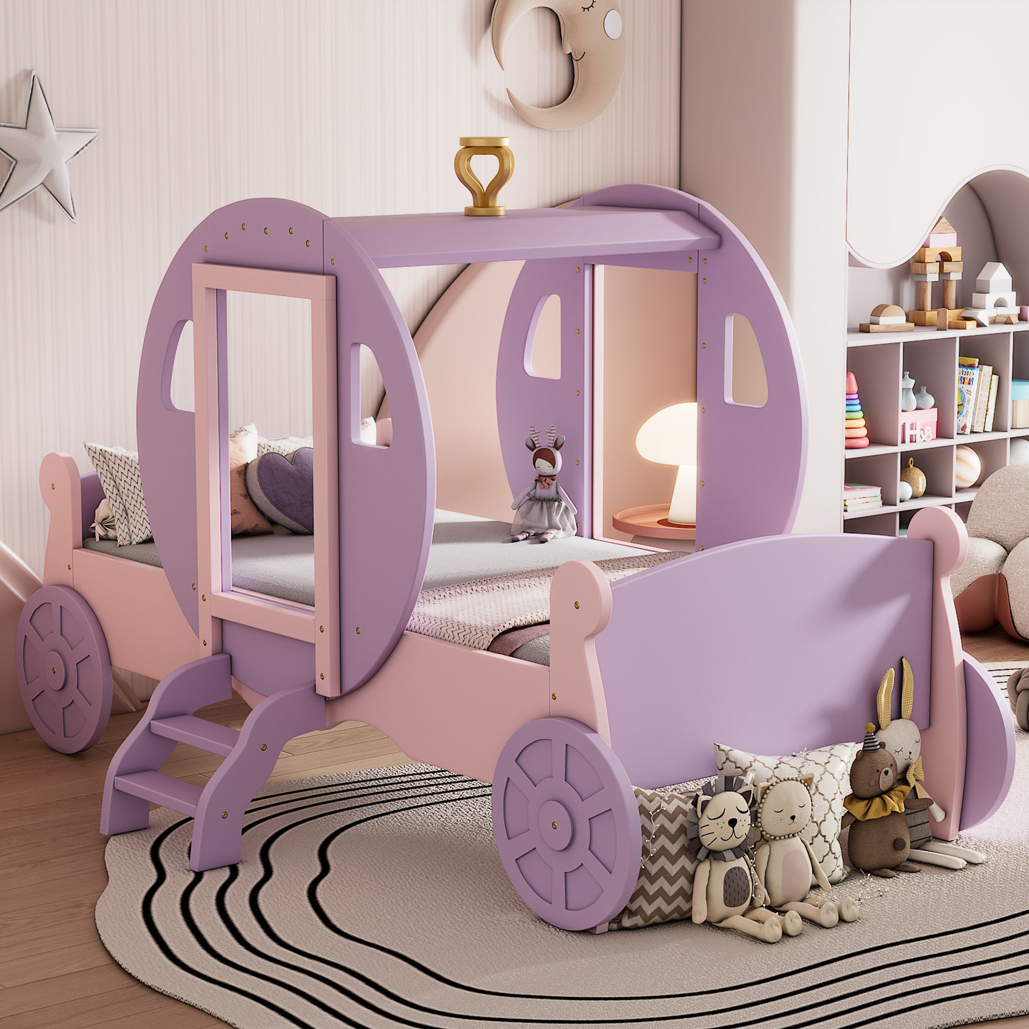 Twin Size Princess Carriage Bed With Crown,Wood Platform Car Bed With Stair,Purple Pink Pink Wood