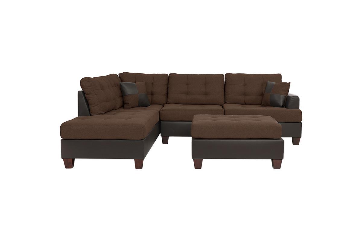 Sectional Sofa Chocolate Polyfiber Cushion Tufted Reversible 3Pc Sectional Sofa, Chaise Ottoman Living Room Furniture Chocolate Brown Faux Leather Wood Primary Living Space Cushion Back Contemporary,Modern L Shaped Pine Square Arms Fabric 5 Seat