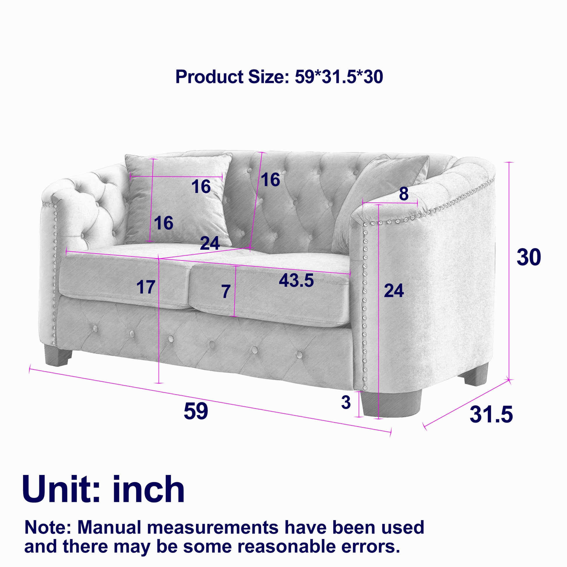 59 Inch Modern Chesterfield Velvet Sofa, 2 Seater Sofa, Upholstered Tufted Backrests With Arms And 2 Cushions For Living Room, Bedroom, Apartment, Office Grey Grey Primary Living Space Foam Velvet 2 Seat