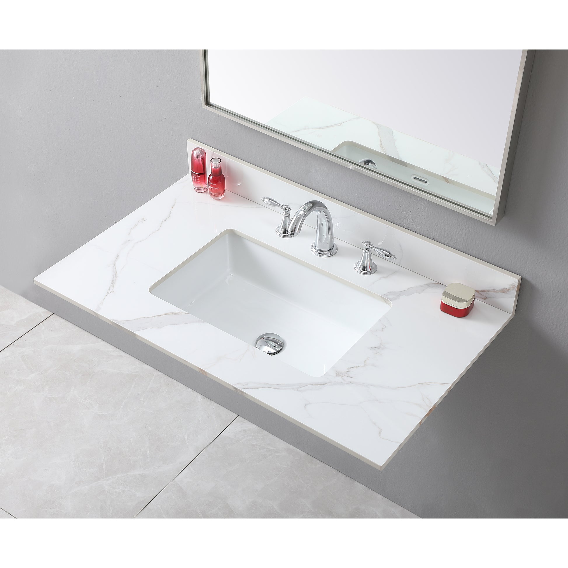 37Inch Bathroom Vanity Top Stone Carrara Gold Style Tops With Rectangle Undermount Ceramic Sink And 3 Faucet Hole For Bathroom Cabinet White Sintered Stone