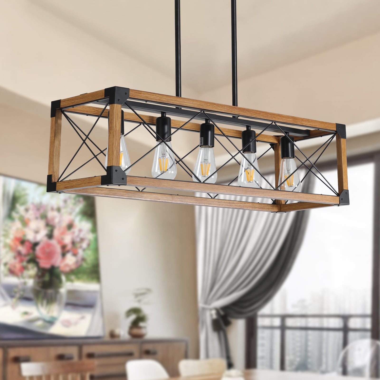 Same As W1340111207 L1011 5 Light Retro Farmhouse Chandelier For Kitchen, Living Room, Dining Room Walnut No Bulbs Walnut Black Ceiling Lights Farmhouse Iron