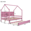 Wooden Full Size House Bed With Trundle,Kids Bed With Shelf,Pink Pink Wood