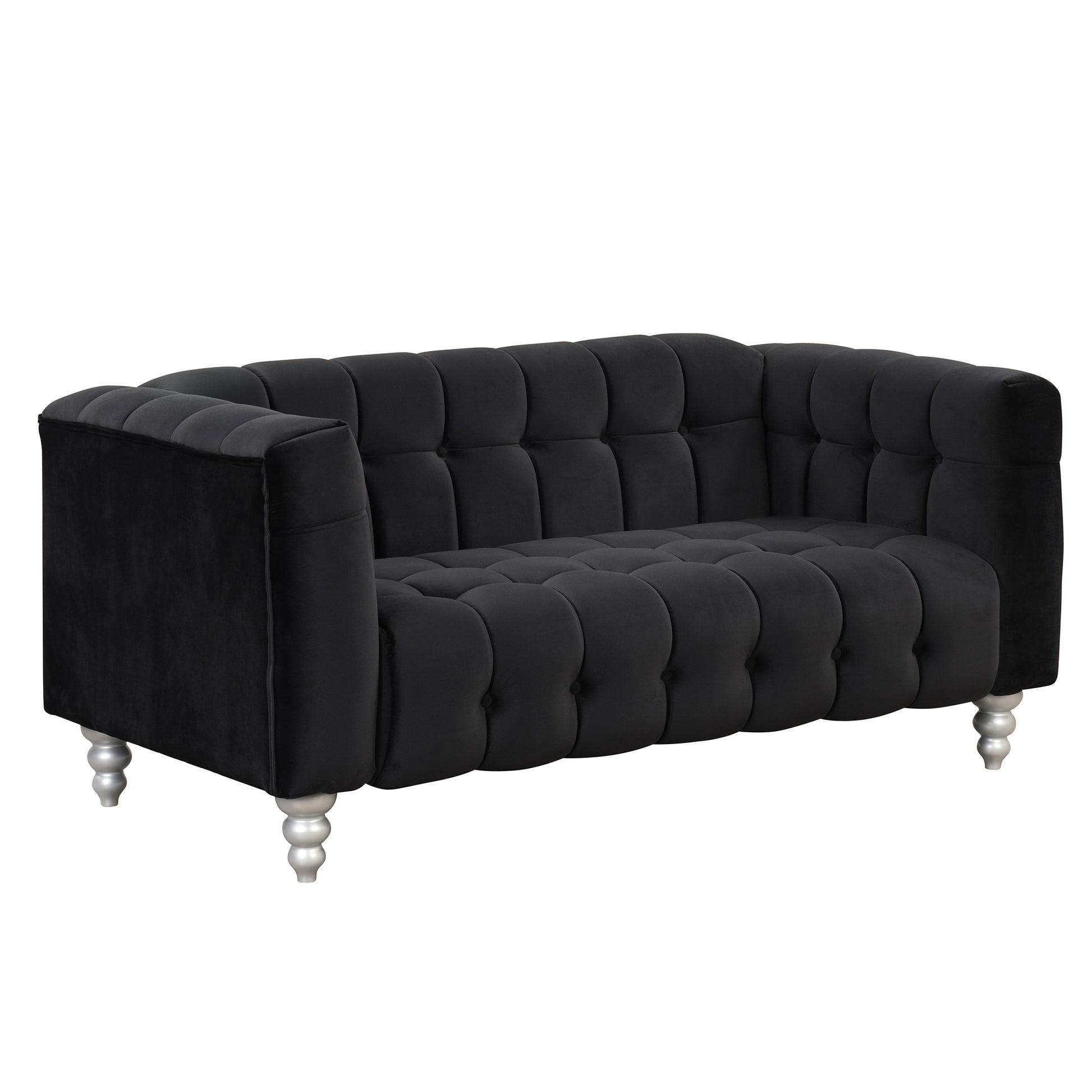 63" Modern Sofa Dutch Fluff Upholstered Sofa With Solid Wood Legs, Buttoned Tufted Backrest,Black Black Foam Polyester 2 Seat