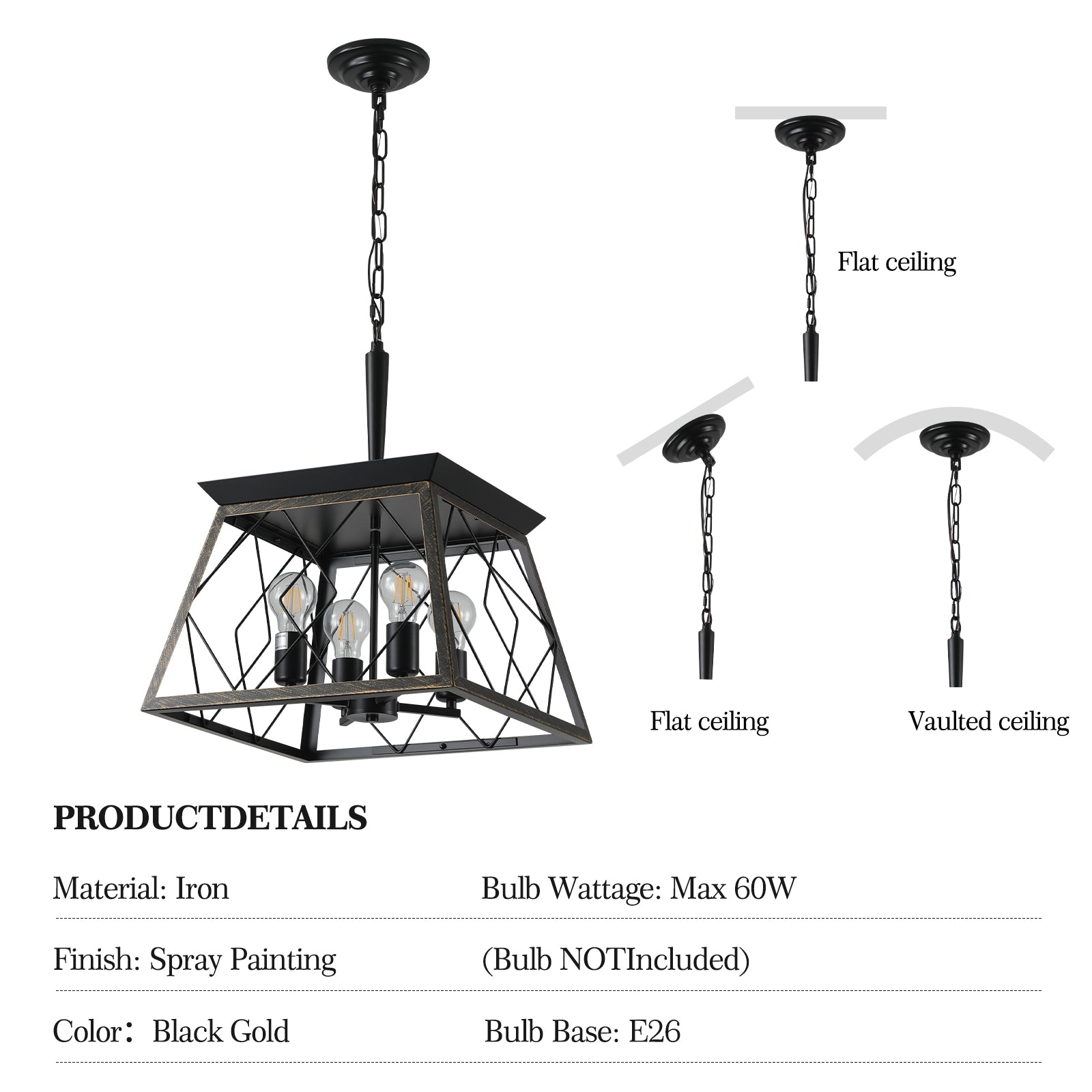 Same As W1340111204 L1010 16" Black Gold Industrial 4 Light Pendant Chandelier, Modern Metal Cage Design, Adjustable Hanging Light For Dining Room, Kitchen, Living Room No Bulbs Golden Black Ceiling