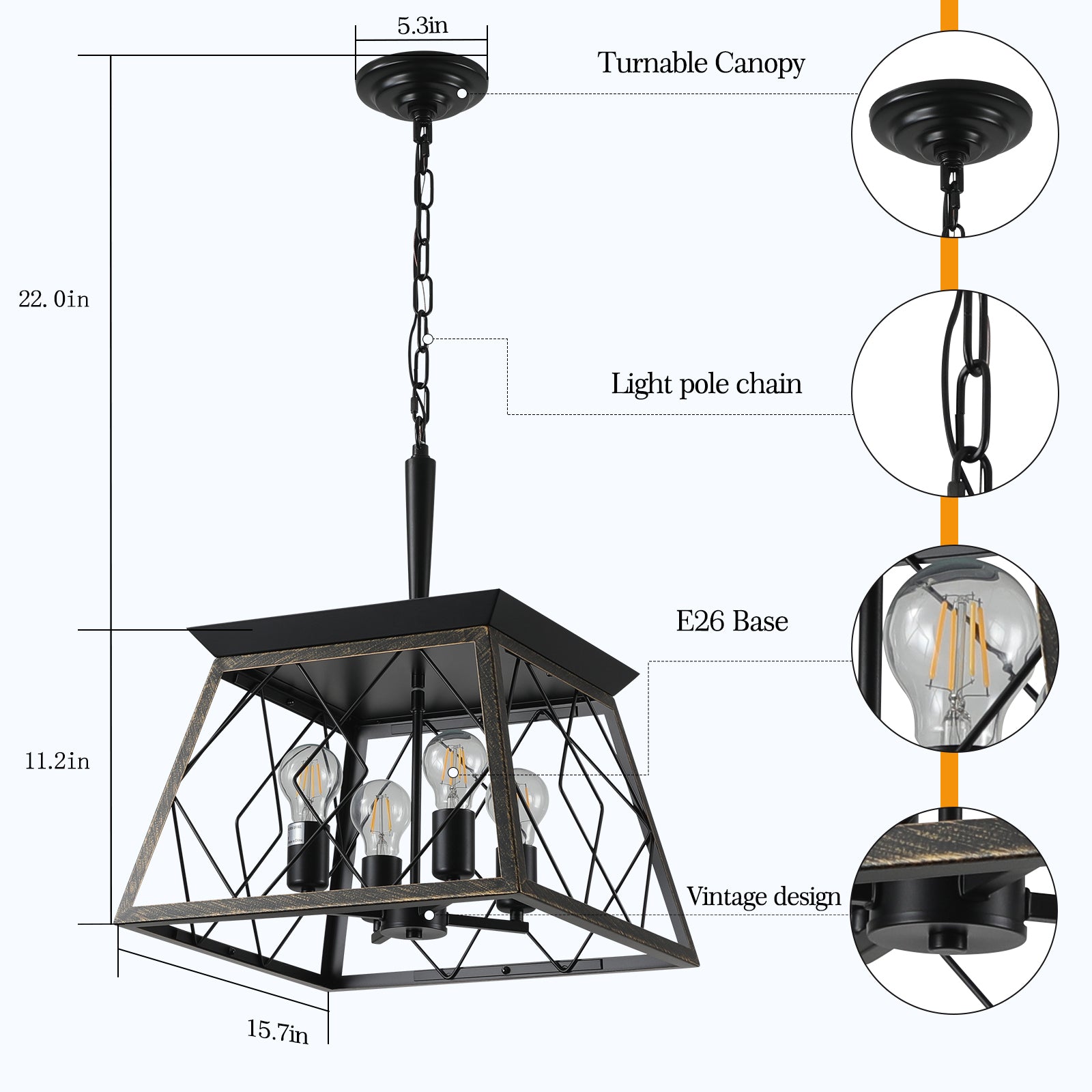Same As W1340111204 L1010 16" Black Gold Industrial 4 Light Pendant Chandelier, Modern Metal Cage Design, Adjustable Hanging Light For Dining Room, Kitchen, Living Room No Bulbs Golden Black Ceiling