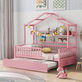 Wooden Twin Size House Bed With Trundle,Kids Bed With Shelf, Pink Pink Wood