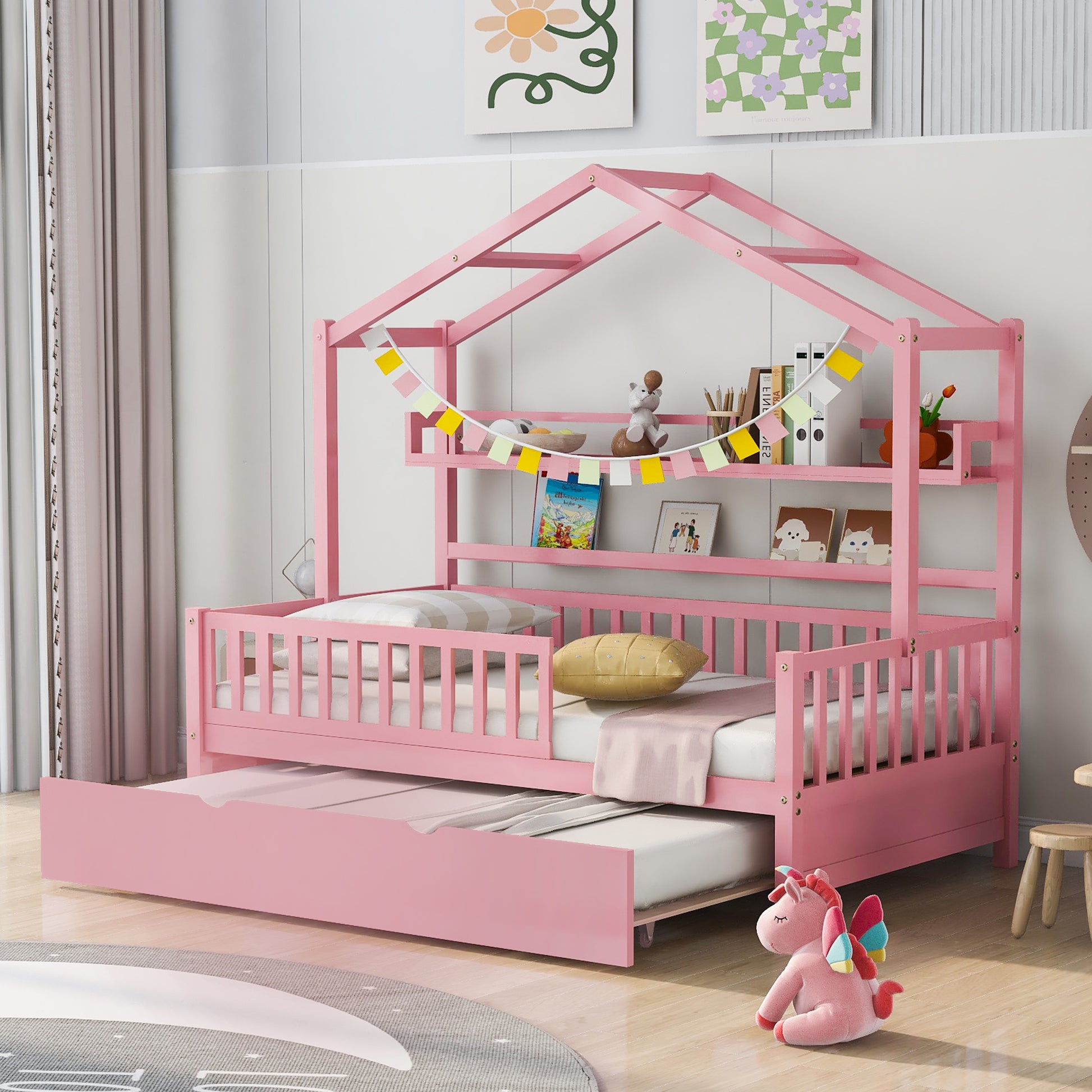 Wooden Twin Size House Bed With Trundle,Kids Bed With Shelf, Pink Pink Wood