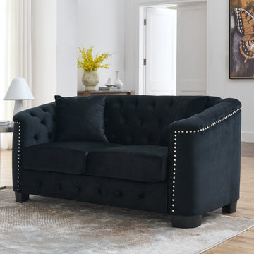 59 Inch Modern Chesterfield Velvet Sofa, 2 Seater Sofa, Upholstered Tufted Backrests With Arms And 2 Cushions For Living Room, Bedroom, Apartment, Office Black Black Primary Living Space Foam Velvet 2 Seat