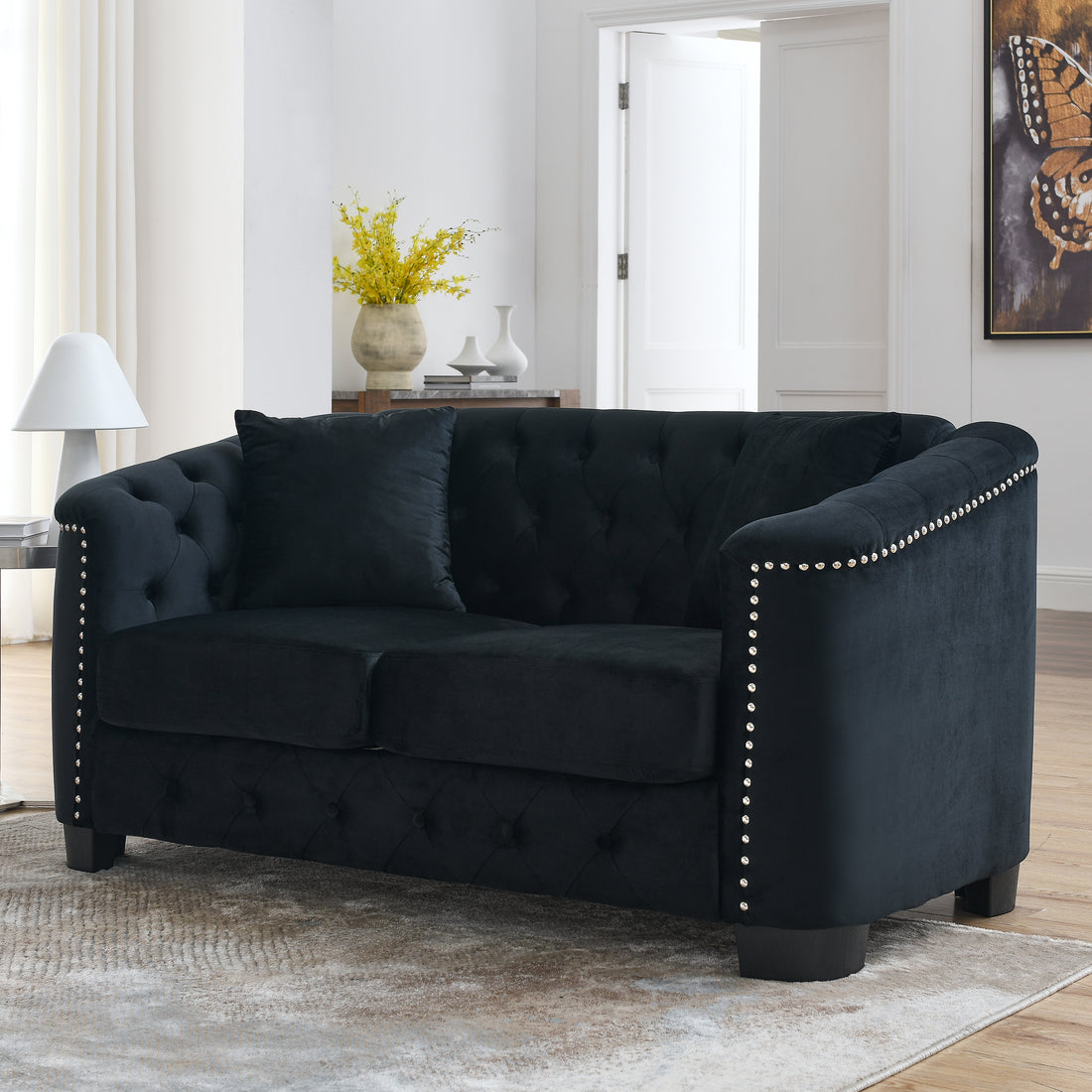 59 Inch Modern Chesterfield Velvet Sofa, 2 Seater Sofa, Upholstered Tufted Backrests With Arms And 2 Cushions For Living Room, Bedroom, Apartment, Office Black Black Primary Living Space Foam Velvet 2 Seat