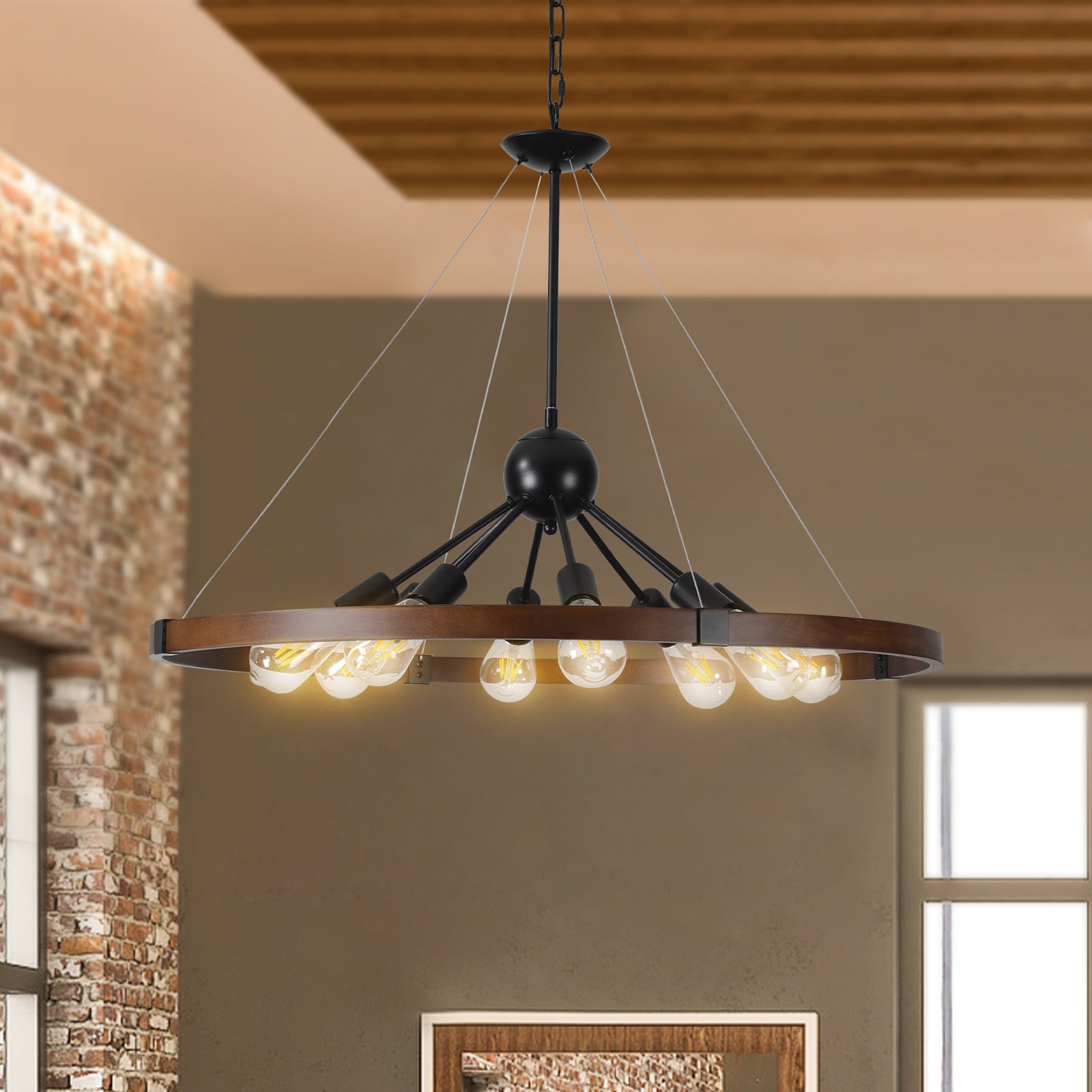 Same As W1340111208 L1012 8 Light Retro Farmhouse Chandelier For Kitchen, Living Room, Dining Room Red And Walnut No Bulbs Walnut Black Farmhouse Iron