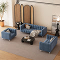 Modern 3 Piece Sofa Set With Solid Wood Legs, Buttoned Tufted Backrest, Dutch Fleece Upholstered Sofa Set Including Three Seater Sofa, Double Seat And Living Room Furniture Set Single Chair, Blue Blue Foam Polyester