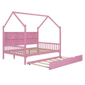 Wooden Full Size House Bed With Trundle,Kids Bed With Shelf,Pink Pink Wood