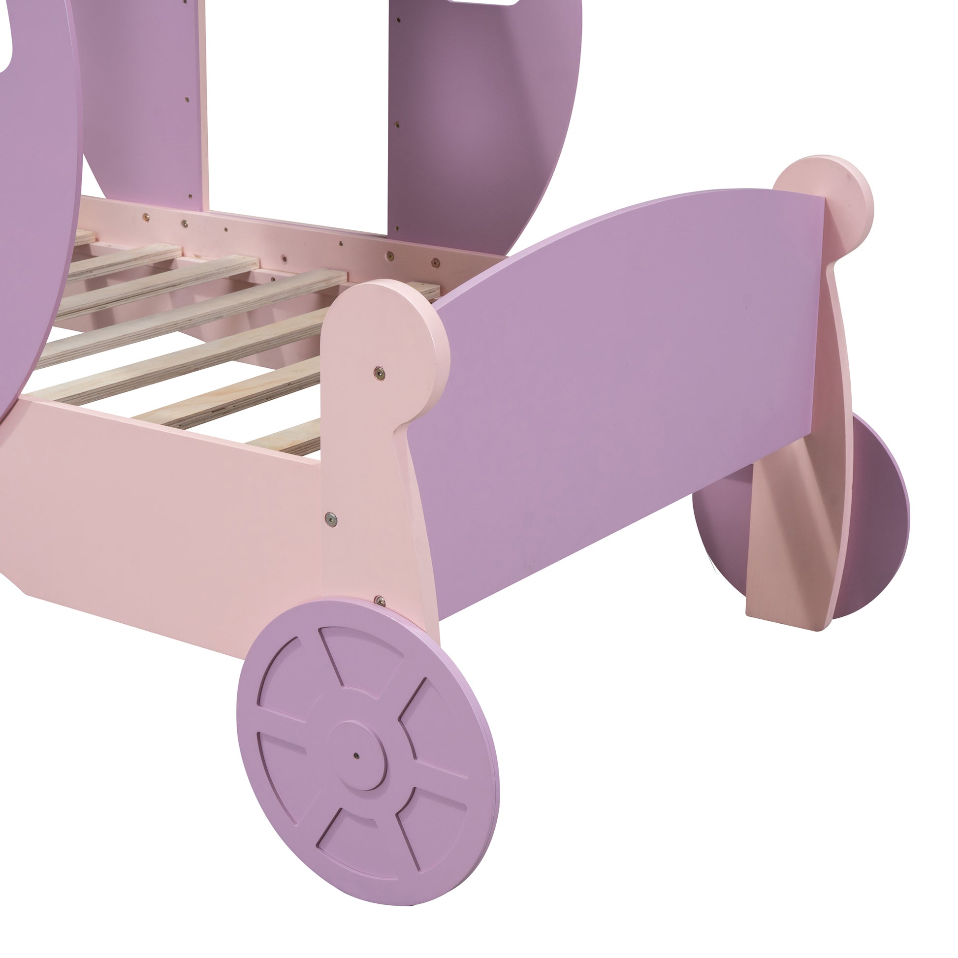 Twin Size Princess Carriage Bed With Crown,Wood Platform Car Bed With Stair,Purple Pink Pink Wood