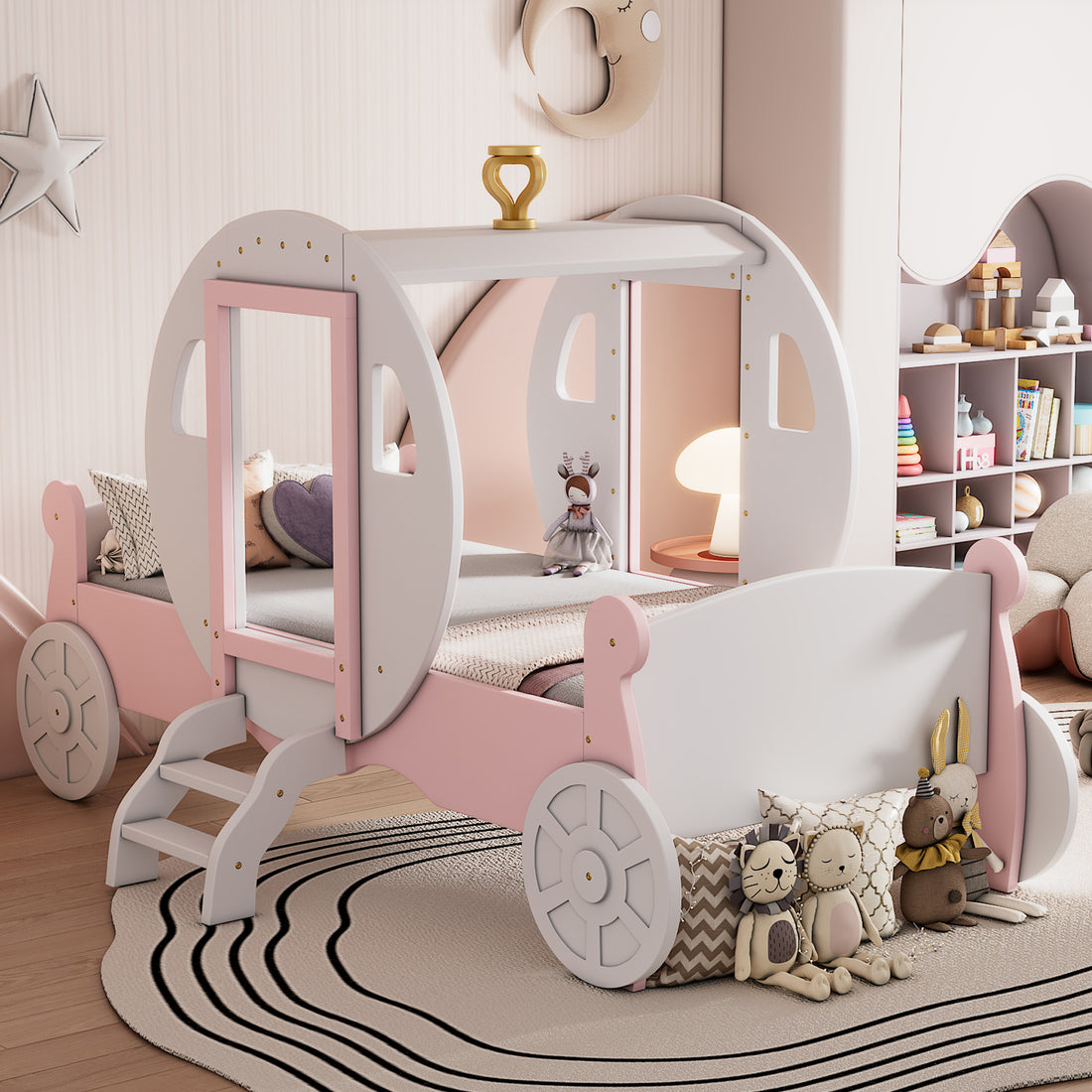 Twin Size Princess Carriage Bed With Crown ,Wood Platform Car Bed With Stair,White Pink White Pink Wood