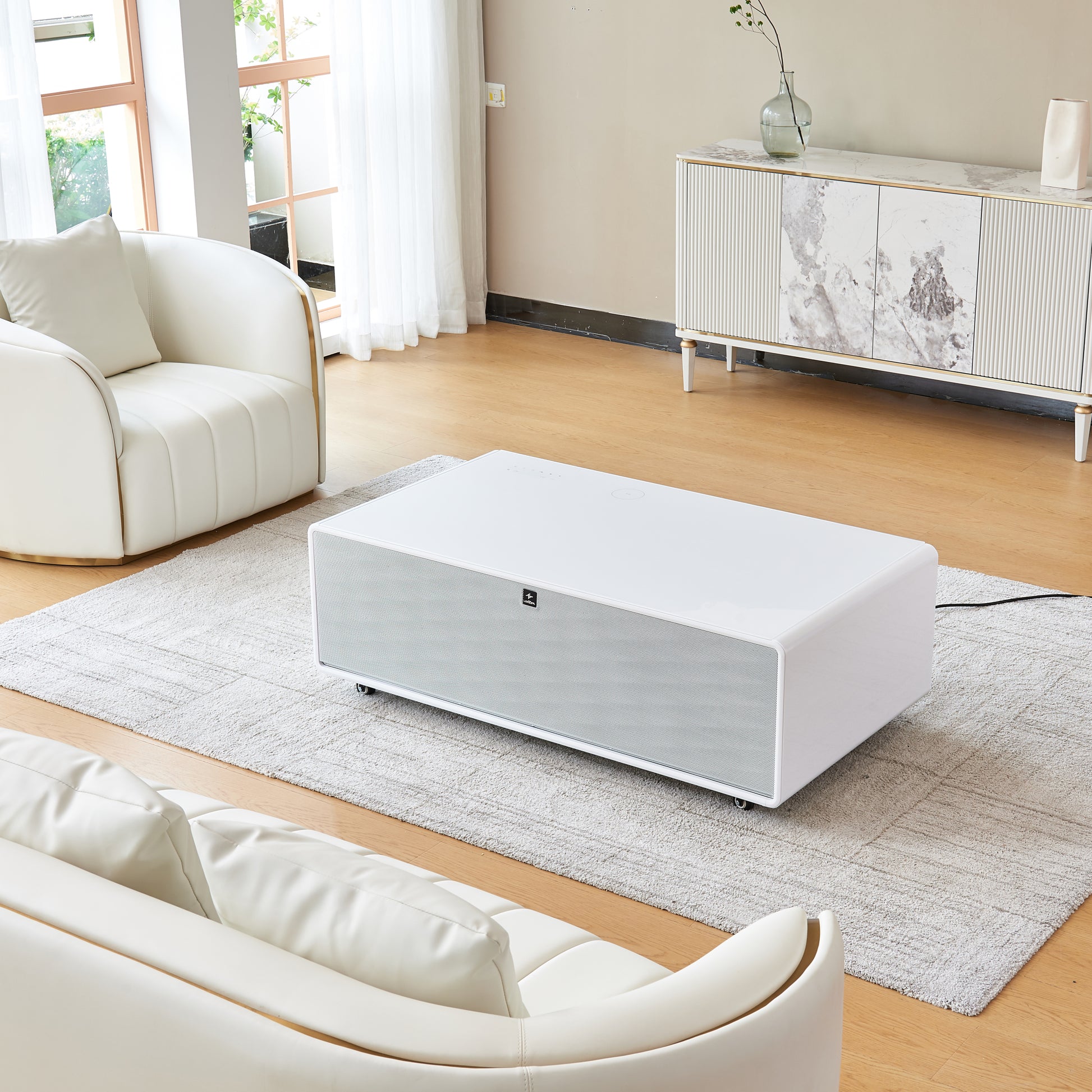 Smart Table Fridge, Multifunctional Coffee Table, Tempered Glass Table Top And Back Screen White Tempered Glass