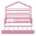 Wooden Twin Size House Bed With Trundle,Kids Bed With Shelf, Pink Pink Wood