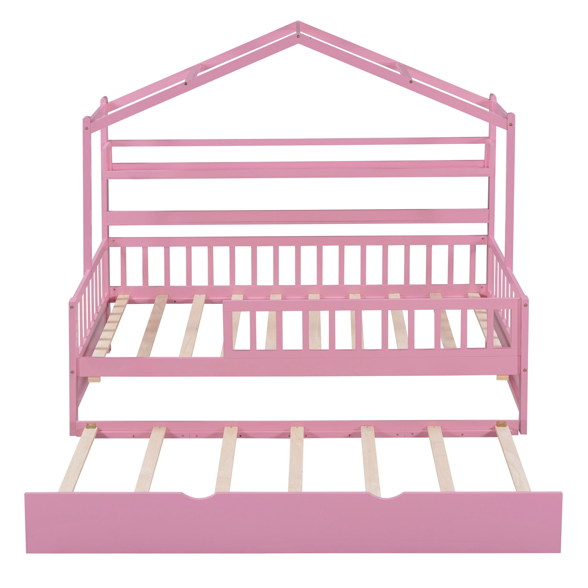 Wooden Twin Size House Bed With Trundle,Kids Bed With Shelf, Pink Pink Wood