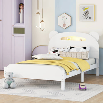 Twin Size Wood Platform Bed With Bear Shaped Headboard,Bed With Motion Activated Night Lights,White White Wood